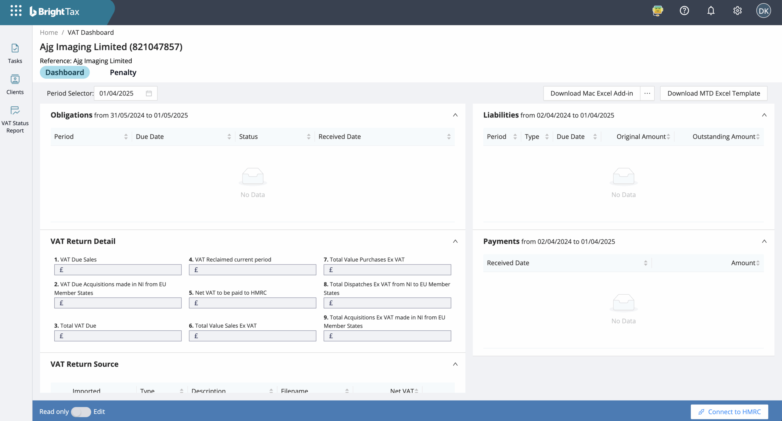 screen shot of the vat module dashboard on brighttax
